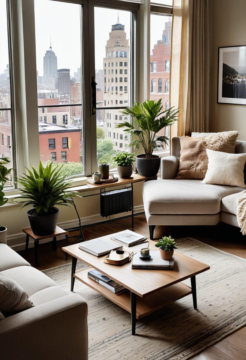A cozy, modern living room highlighting various home decor styles, with a large window showcasing a sunlit urban landscape. Include a laptop and a notebook on a coffee table, symbolizing research and planning for renting. A color palette of soft earth tones complemented by greenery from houseplants, inviting warmth. super-realistic. vibrant colors.