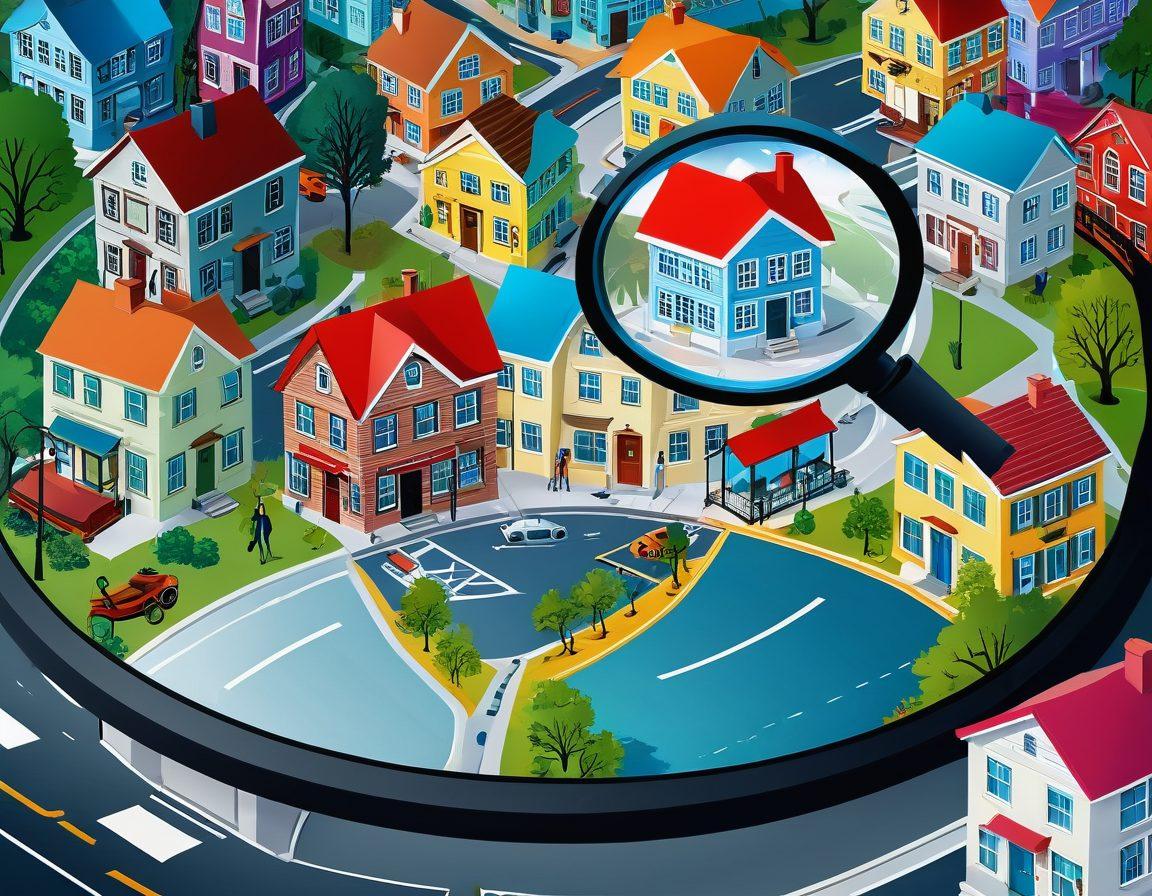 A detailed roadmap unrolling across a stylish urban landscape, showcasing various types of properties (houses, apartments, commercial buildings) with vibrant signs indicating 'For Lease'. Include a mix of happy people discussing property options, magnifying glasses to signify searching, and a compass pointing towards 'Your Ideal Property'. Making the scene sunny and inviting. vector art. vibrant colors.