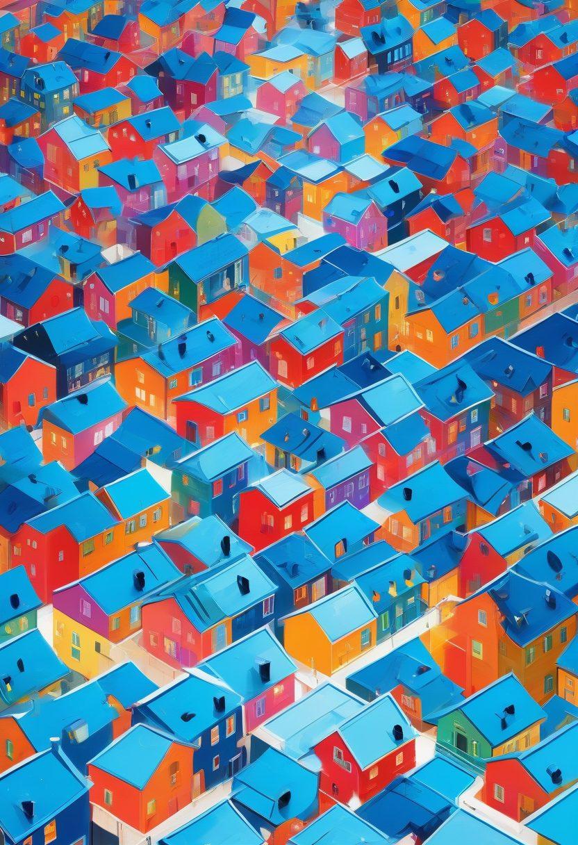 A detailed and informative illustration depicting a diverse group of people navigating a maze-like structure made of houses and apartments, symbolizing the complexities of the housing market. Each person is engaged in discussion, holding digital devices with housing data, and surrounded by floating icons representing different housing options. A clear blue sky above provides a hopeful atmosphere. Bright and modern design elements enhance clarity. vibrant colors. vector art.